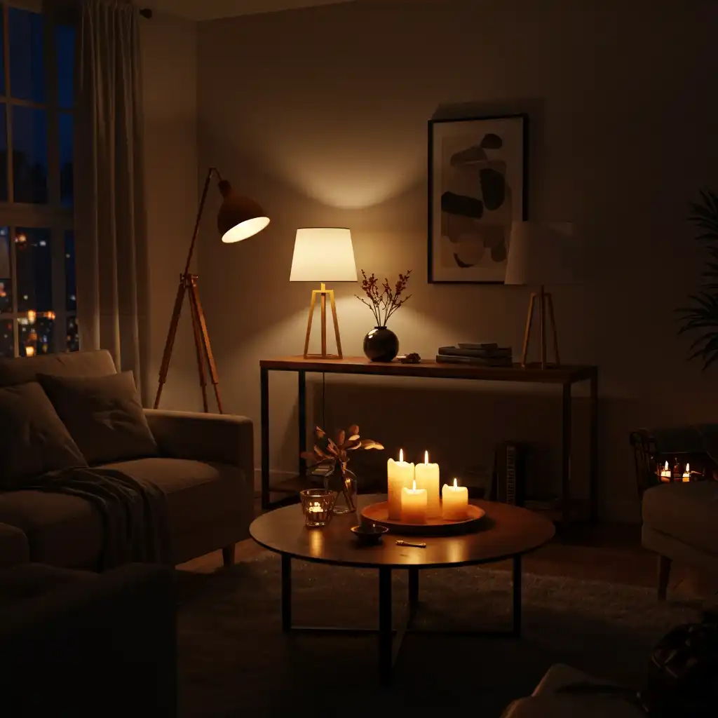 A cozy living room at night with a layered, ambient lighting scheme from multiple warm lamps creating a soft glow.