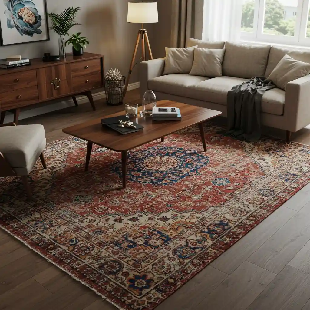 A living room instantly transformed by the addition of a large, colorful, patterned area rug.