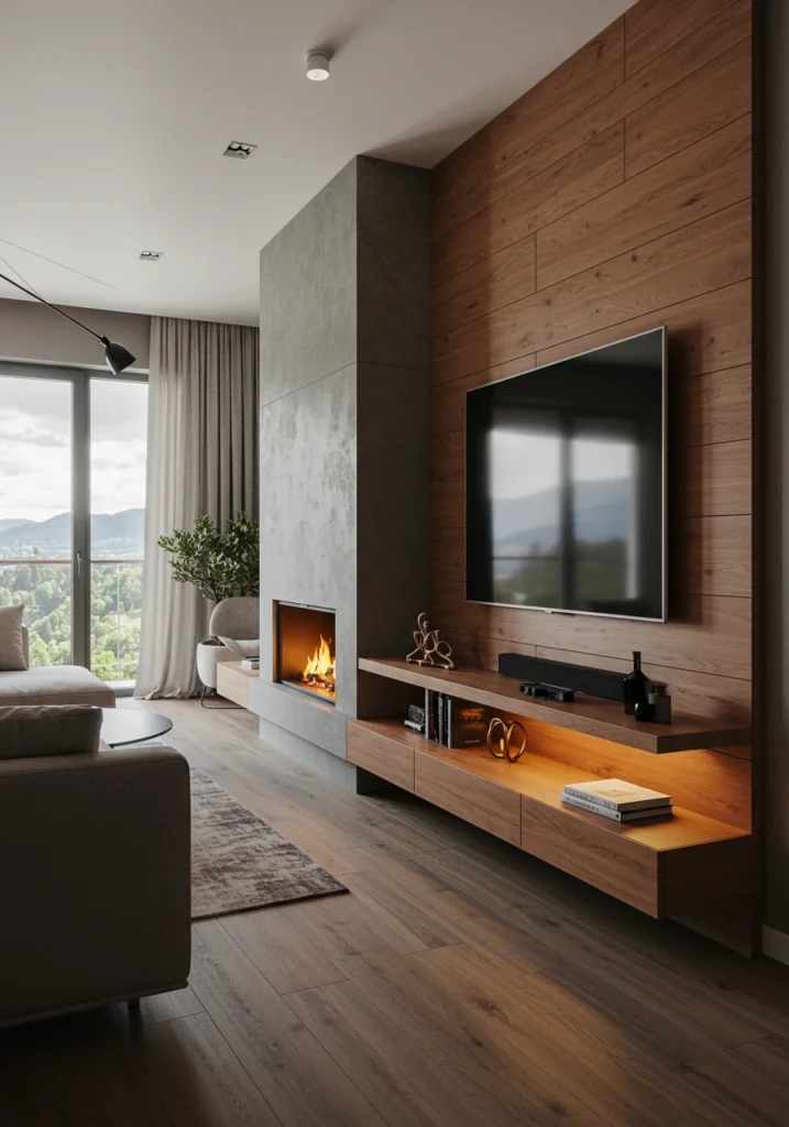 A layout for a long living room with the fireplace and TV balanced on the same long wall.