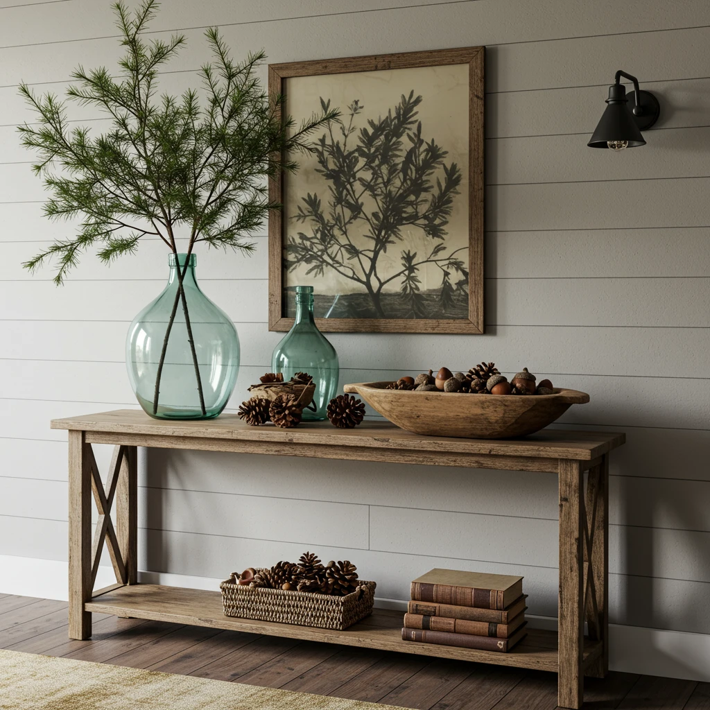 A farmhouse console table decorated for fall with foraged natural elements, including tall branches in a vase.