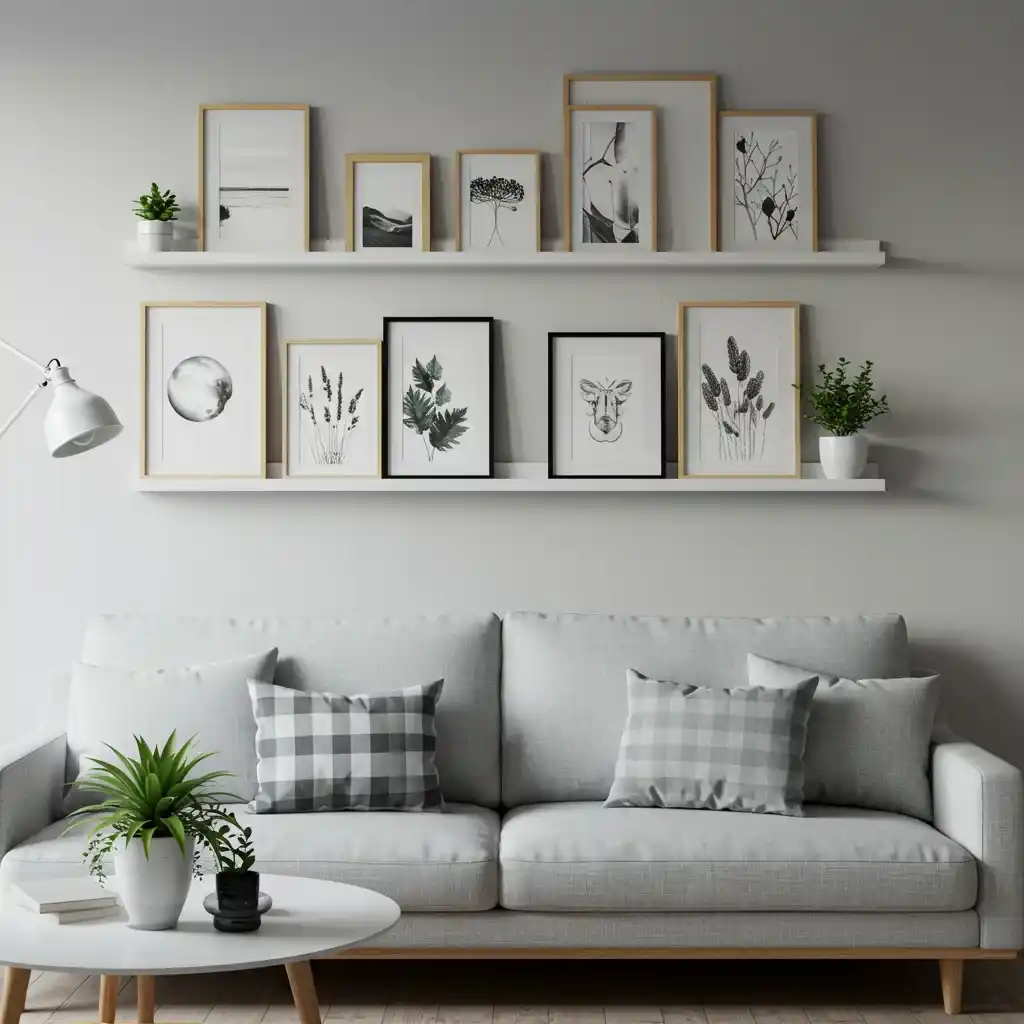 A long wall above a sofa decorated with a layered display of art on floating picture ledges.