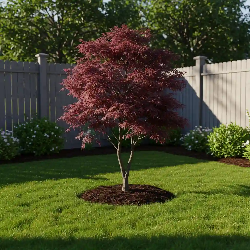 A simple backyard landscaping idea featuring a single, beautiful ornamental tree as a focal point.