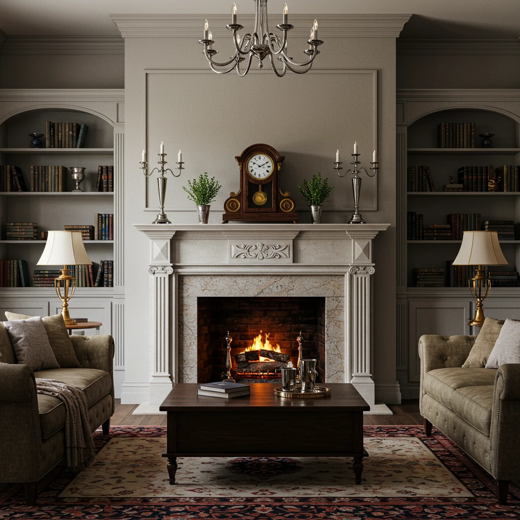A formal and symmetrical Southern living room with matching bookshelves and lamps flanking a central fireplace.