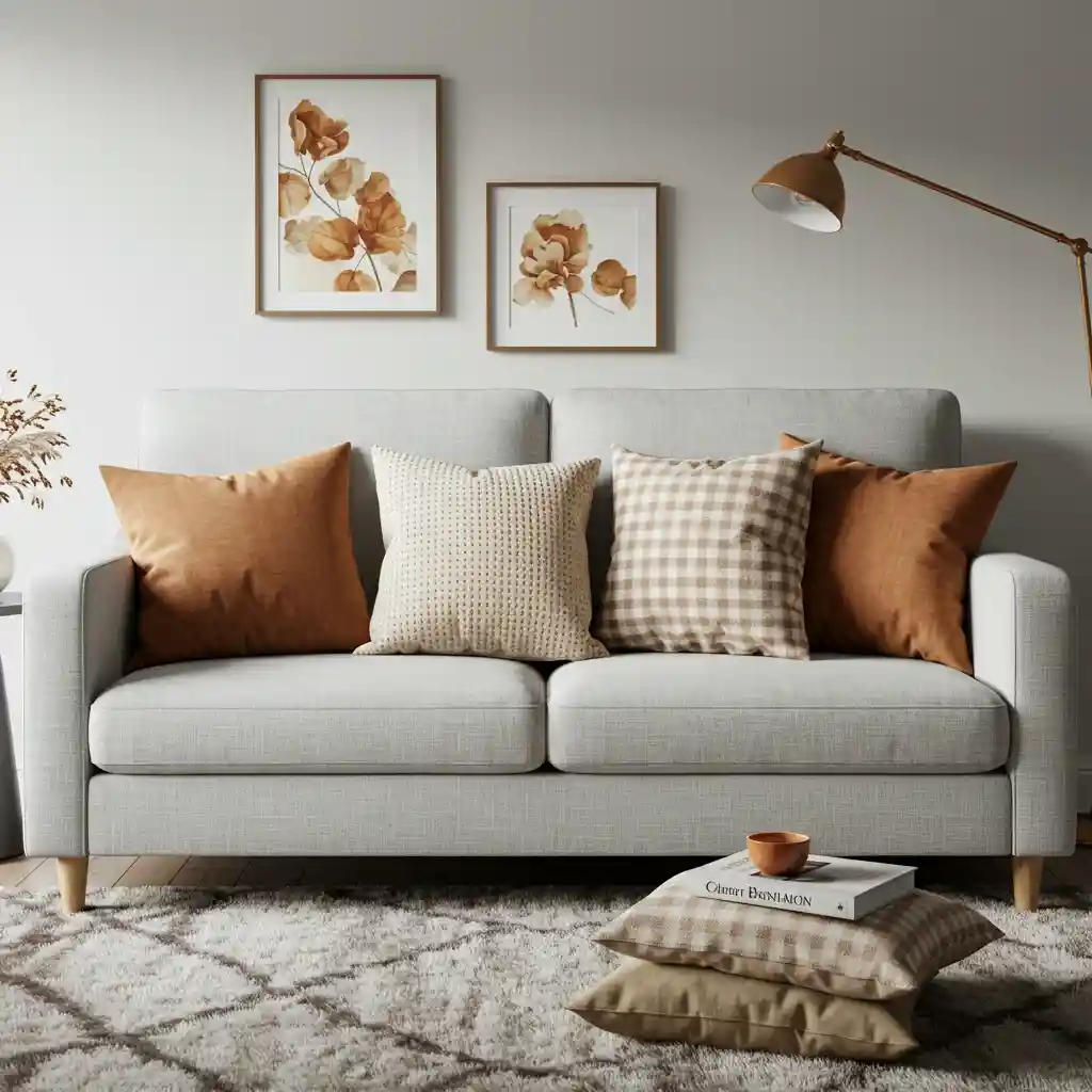 A modern apartment sofa decorated for fall with a mix of velvet, boucle, and plaid pillow covers.