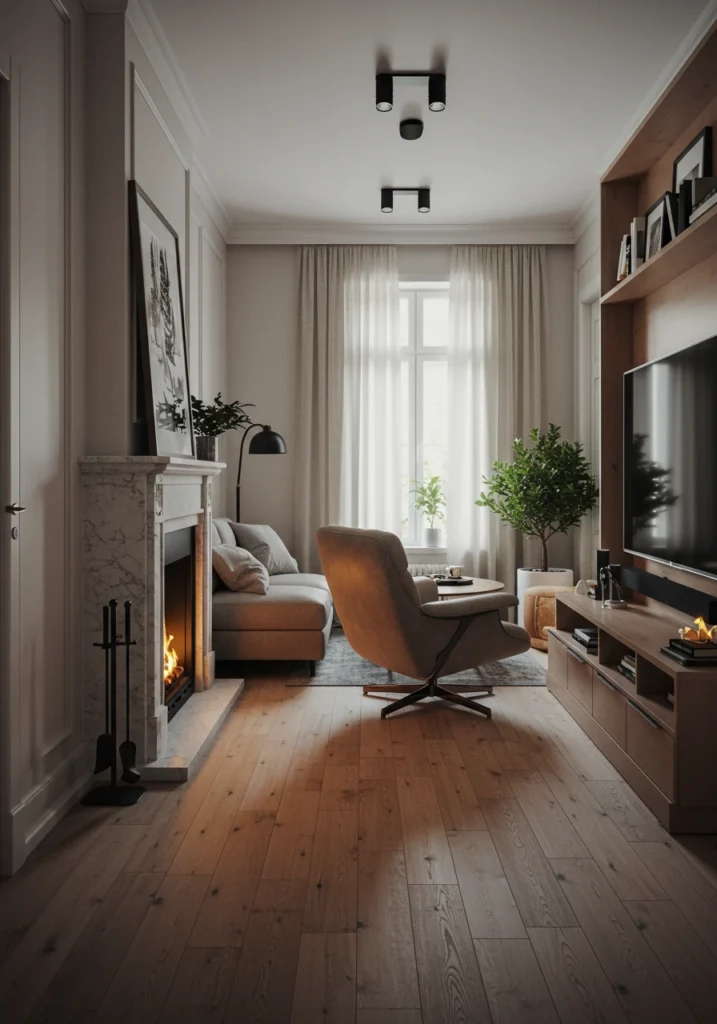 A flexible long living room layout featuring a pair of modern swivel chairs to address two focal points on opposite walls.