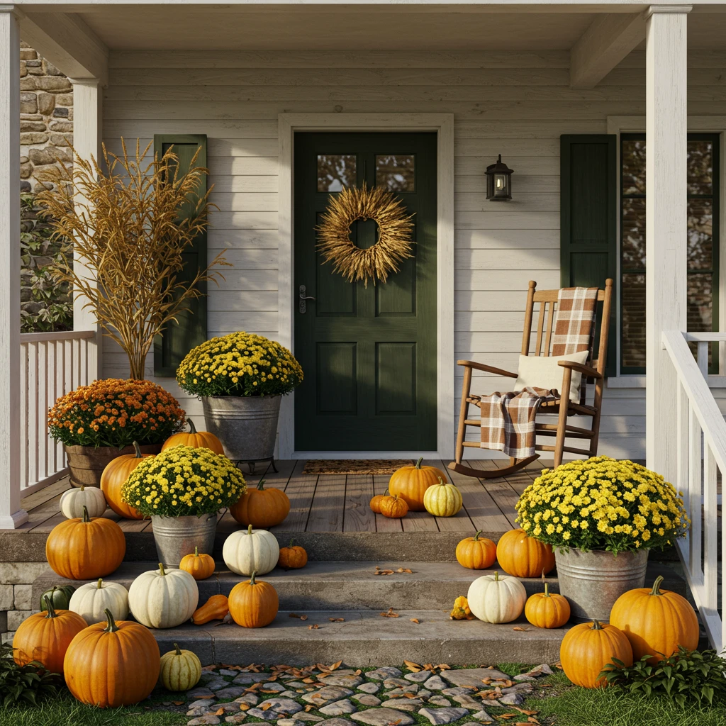 A classic fall farmhouse front porch decorated with heirloom pumpkins, mums in galvanized buckets, and a rocking chair.