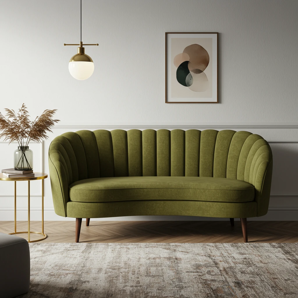 A mid-century modern living room featuring an elegant, kidney-shaped loveseat in olive green velvet.