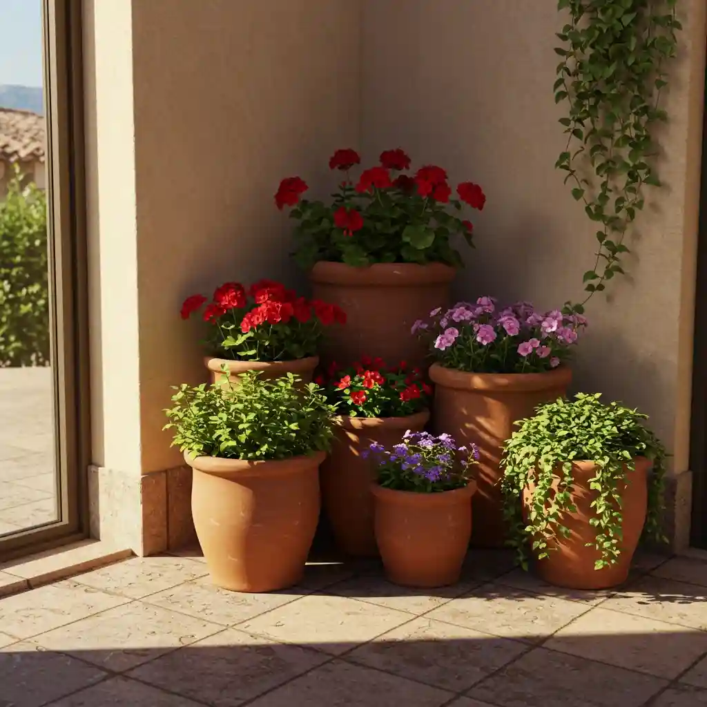 An instant garden created by grouping several container plants together, a simple backyard idea.