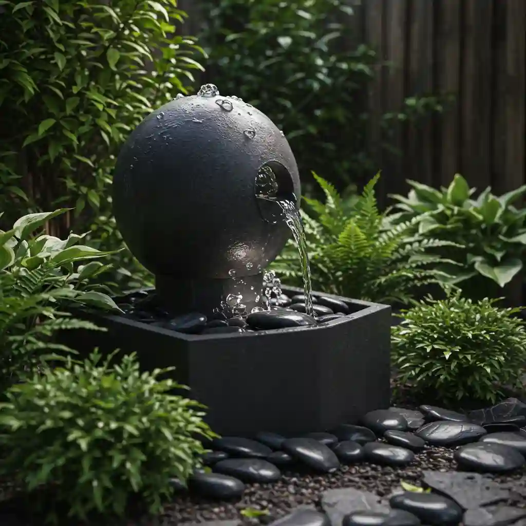 A backyard landscaping idea featuring a modern, bubbling sphere water feature for a tranquil atmosphere.