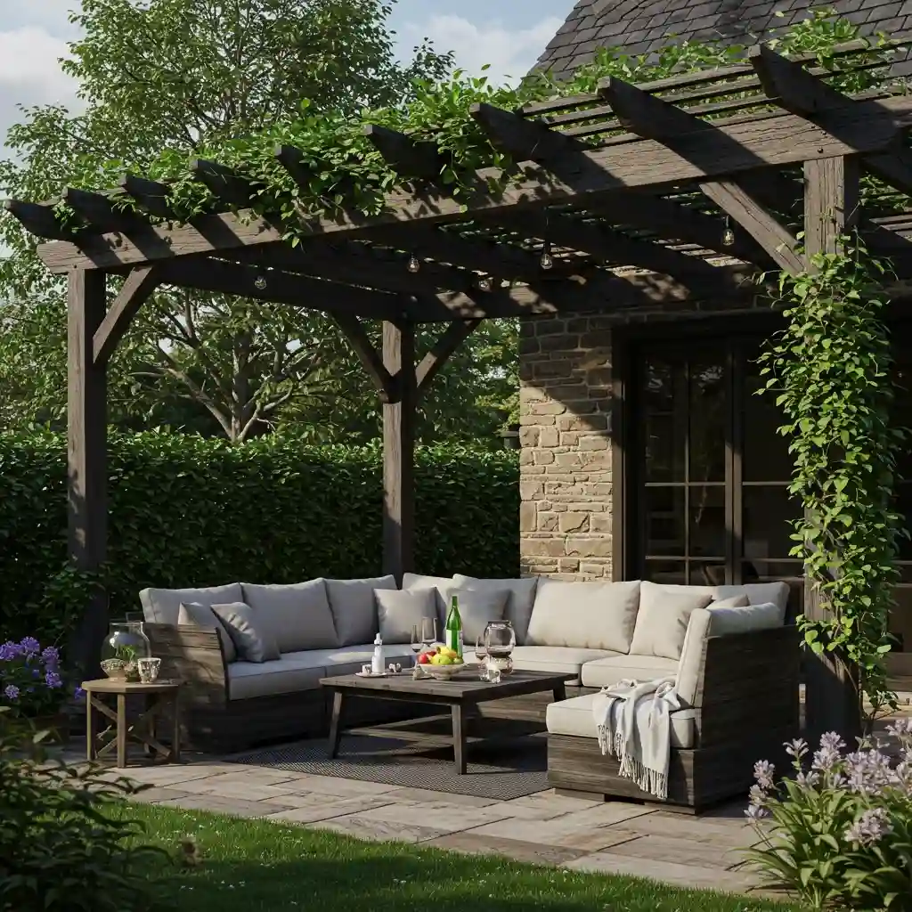 A beautiful backyard with a rustic wooden pergola creating a shaded outdoor living room.