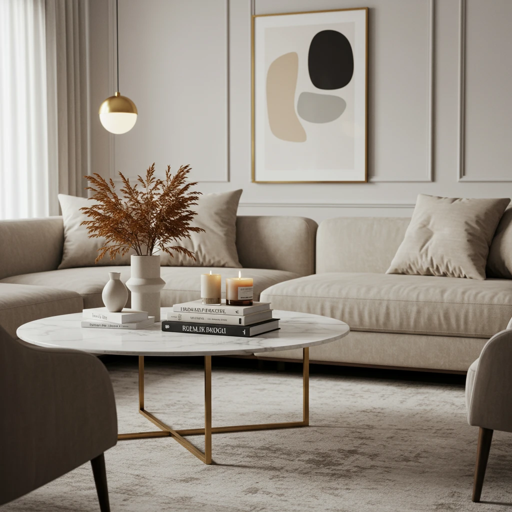 A contemporary living room centered around a large, round marble coffee table.