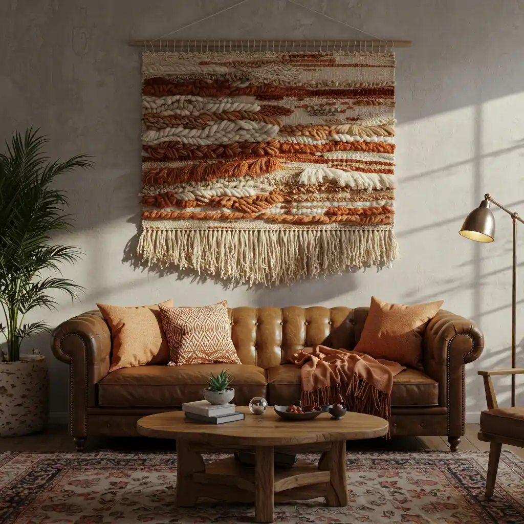 A large, woven textile wall hanging used as a soft, textural art piece above a sofa.