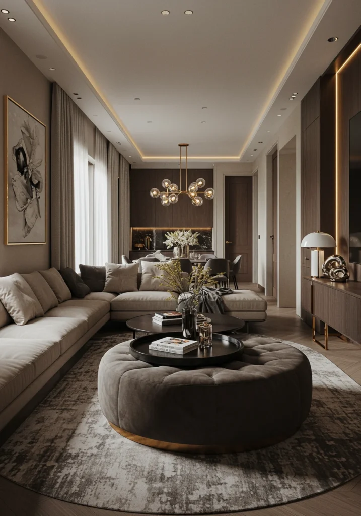 A long, narrow living room using a round ottoman and a circular rug to break up the linear feel.