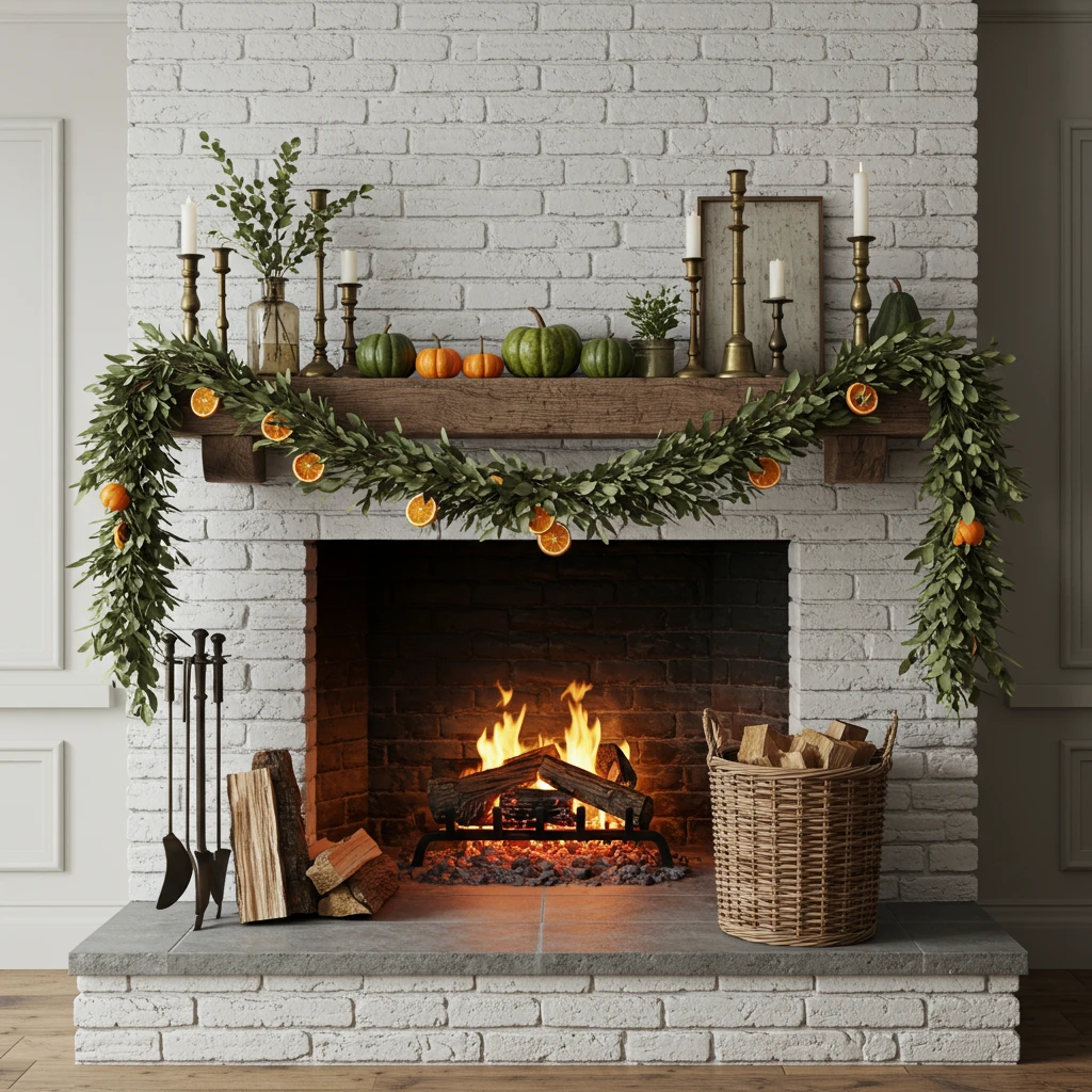 A rustic fall farmhouse fireplace mantel decorated with a eucalyptus garland, brass candlesticks, and pumpkins.