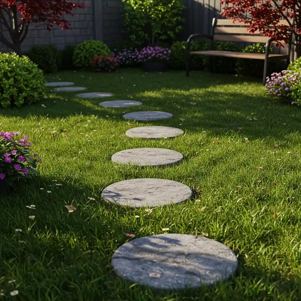 A simple DIY stepping stone path made of round pavers in a backyard lawn.