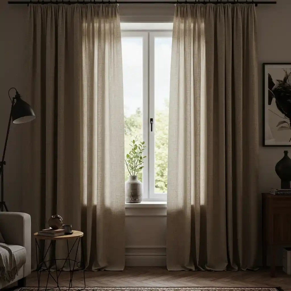 A cozy living room with heavy, textural, floor-length linen curtains softening a window.