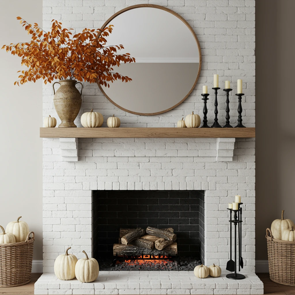 A modern farmhouse fireplace mantel decorated for fall with branches, candles, and white pumpkins.