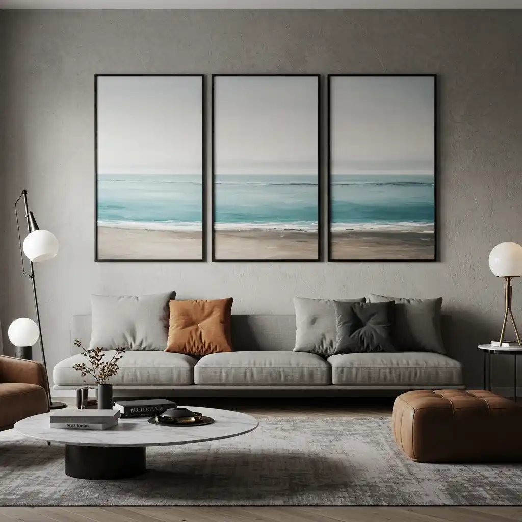 A modern art triptych, or a single image split across three panels, hanging on a long wall above a sofa.