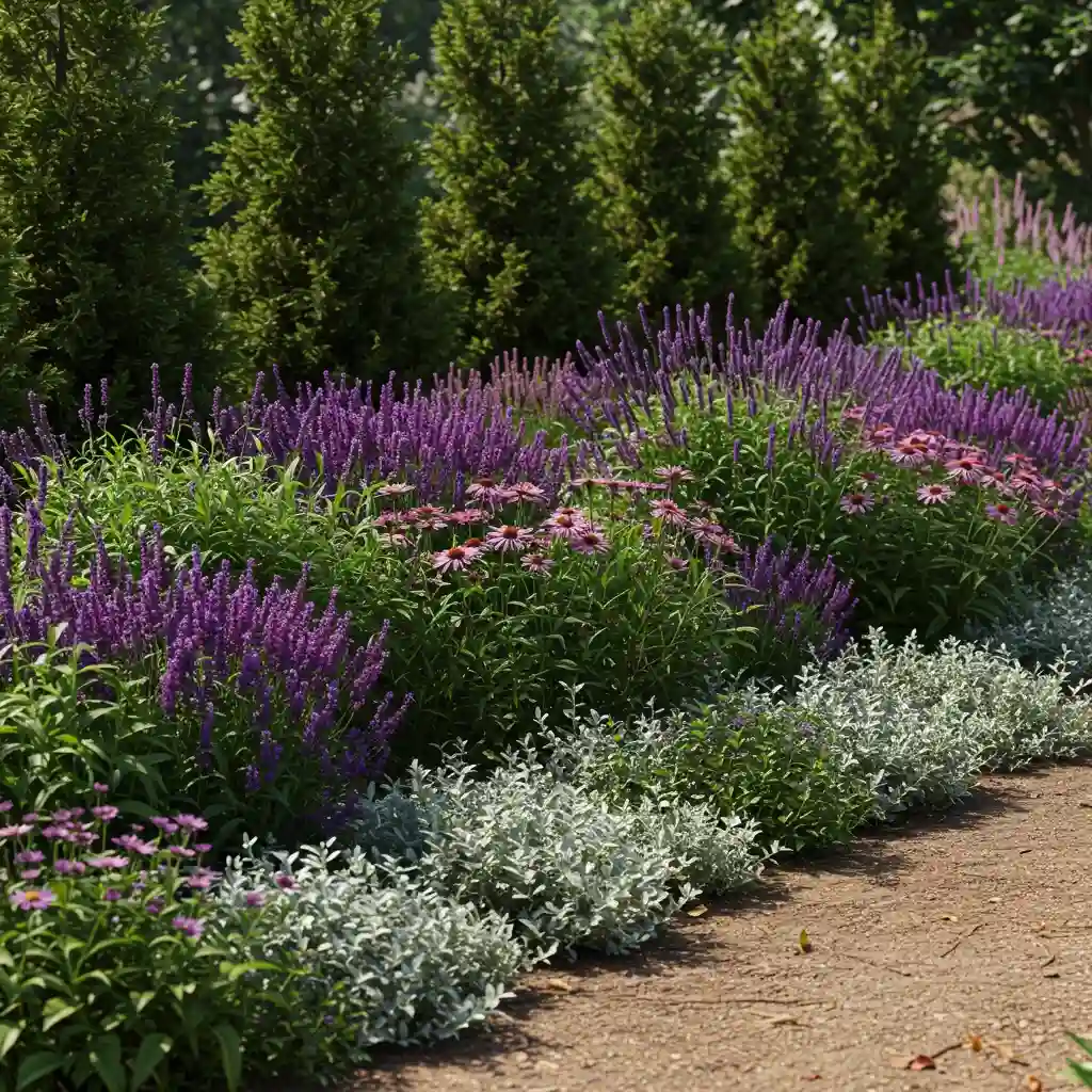 A backyard landscaping idea showing a beautiful, layered garden bed with plants of varying heights for season-long interest.
