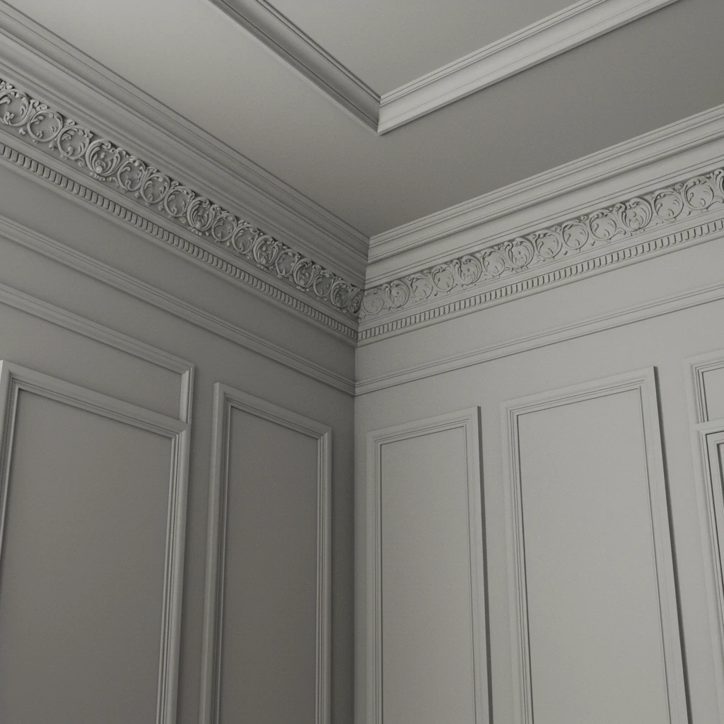 A close-up of a room with classic Southern architectural details like high ceilings, crown molding, and wainscoting.