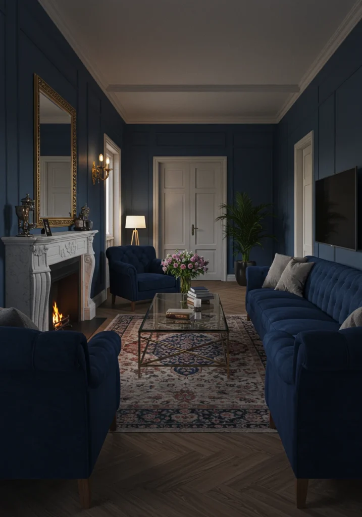 A formal layout for a long, narrow living room using two matching loveseats facing each other.