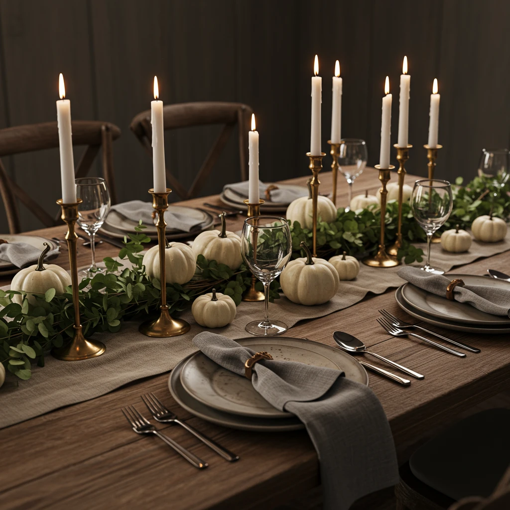 An elegant and rustic fall dining table set with a eucalyptus garland, pumpkins, and lots of candlelight.