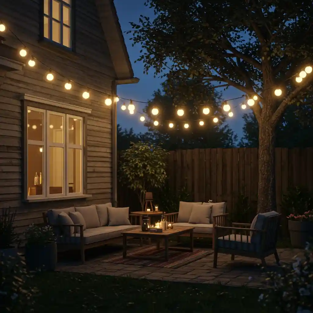 A simple backyard transformed at night with the magical ambiance of outdoor string lights.