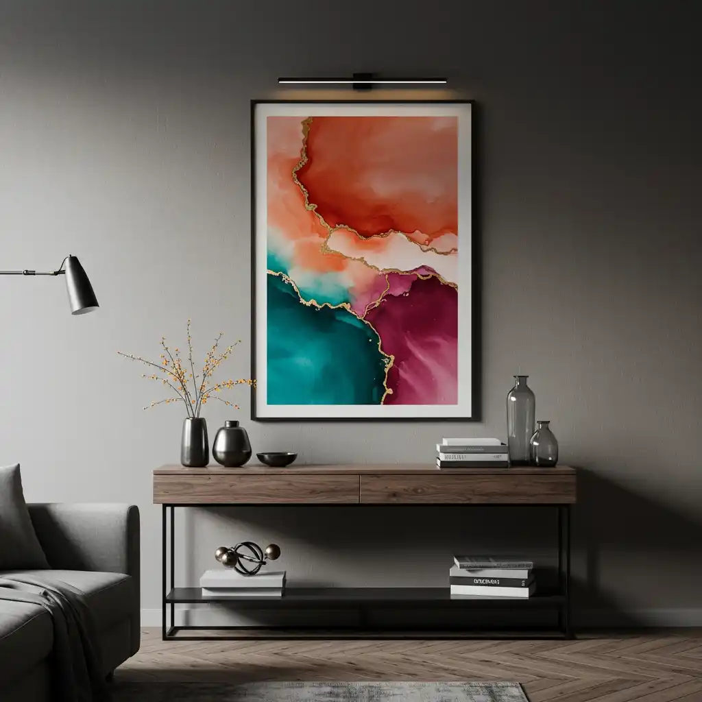 A must-have home decor item: a large, statement piece of abstract art hanging in a living room.