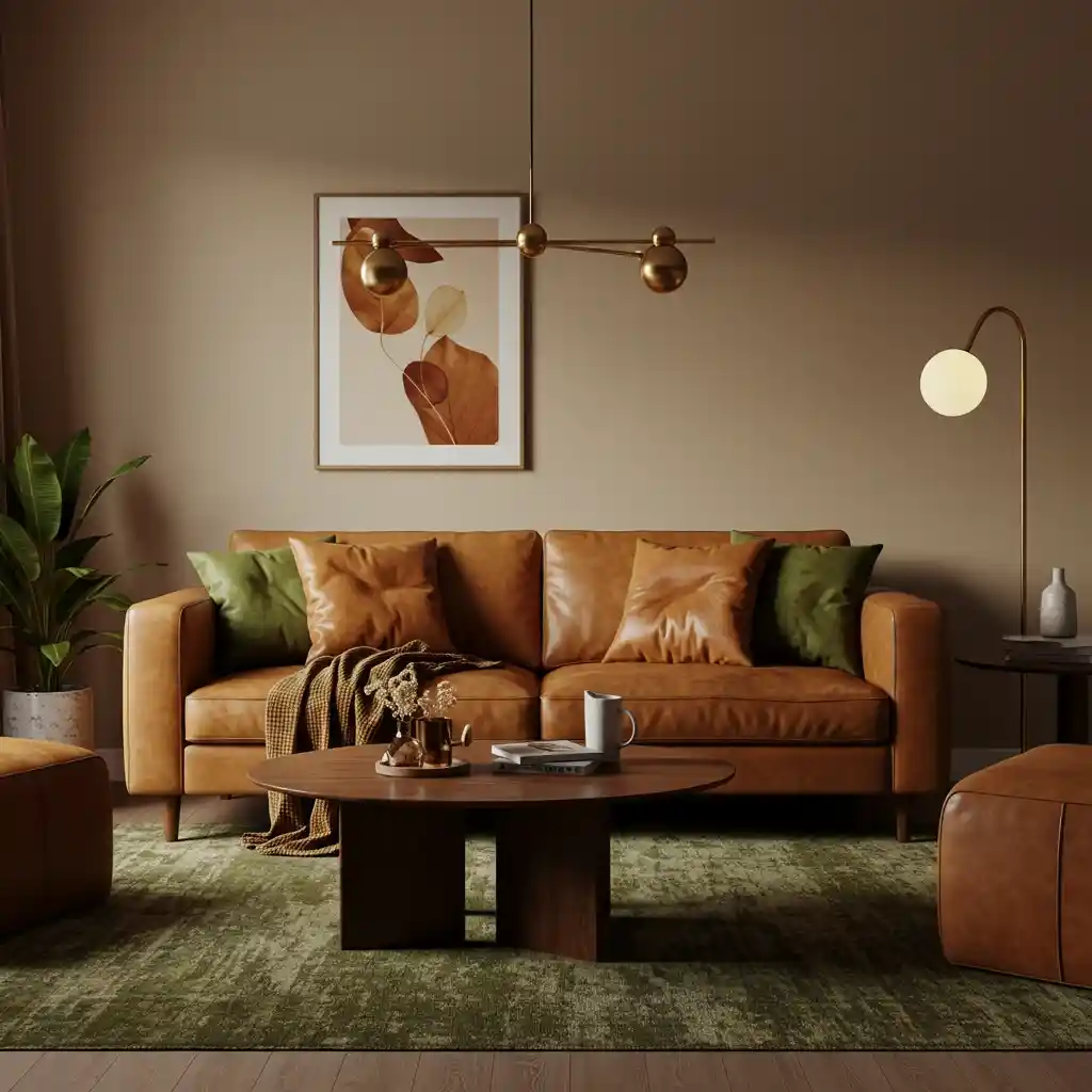 A cozy living room decorated in a warm, earthy color palette of beige, caramel, and olive green.