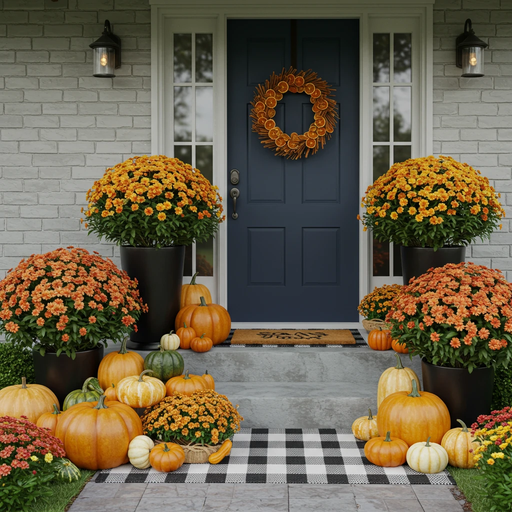 A classic, inviting front porch decorated for fall with mums, layered pumpkins, and a beautiful wreath.