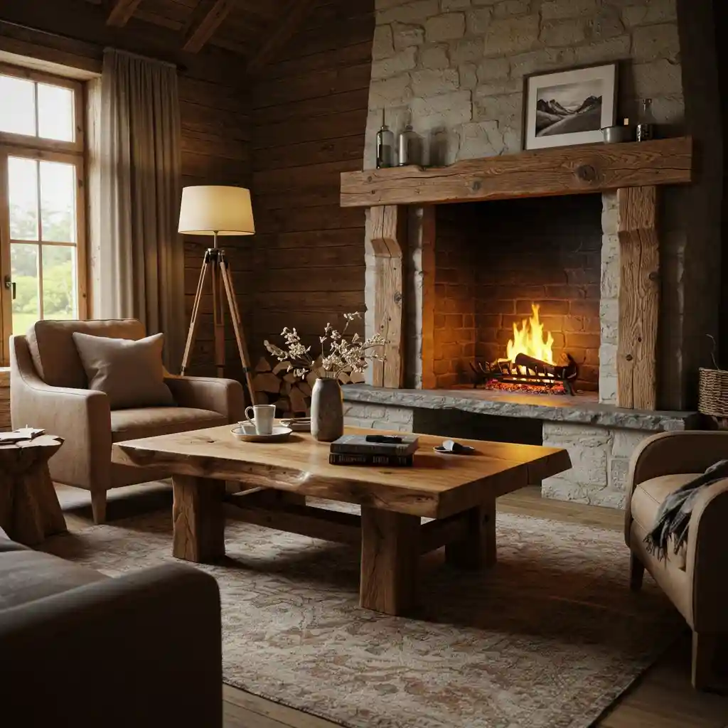 A cozy living room featuring warm, natural wood tones in the coffee table and fireplace mantel.