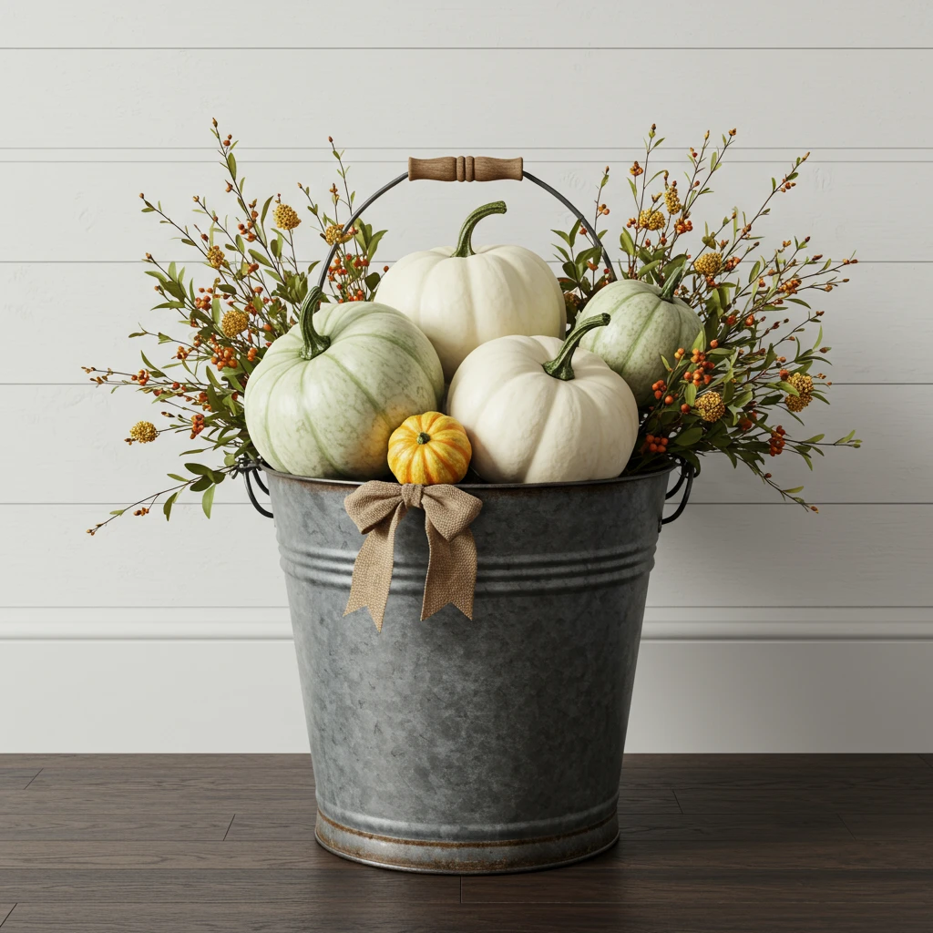 A classic farmhouse fall decor scene with heirloom pumpkins displayed in a large galvanized metal bucket.
