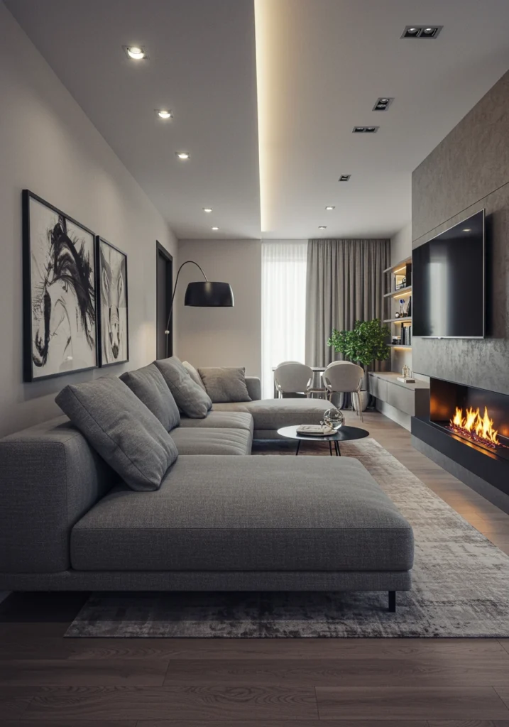 A smart layout using an L-shaped sectional to define a seating area in a long, narrow living room.