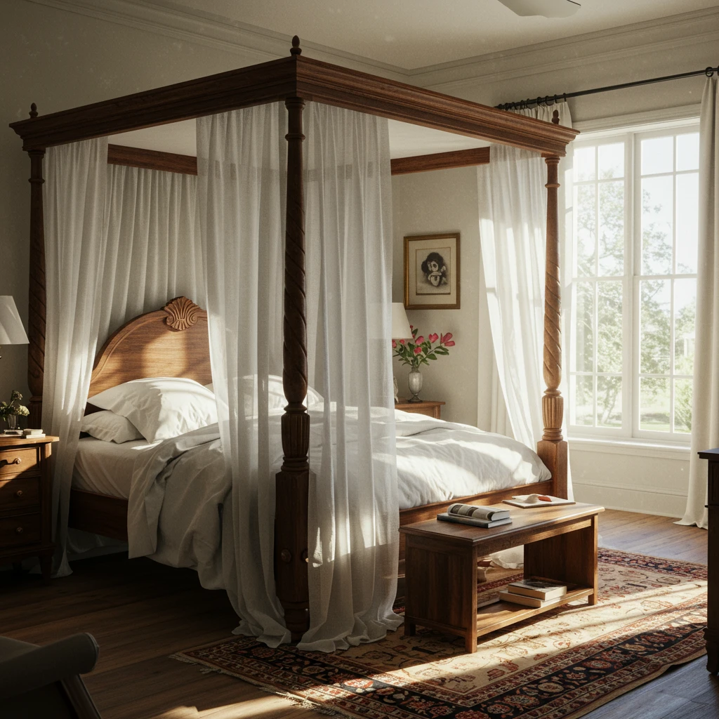 A romantic Southern bedroom featuring a classic wooden four-poster bed with a draped canopy.