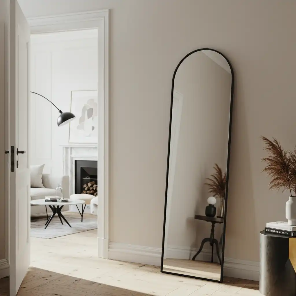 An easy home decor idea showing a large, arched floor mirror used to make a space feel bigger and brighter.