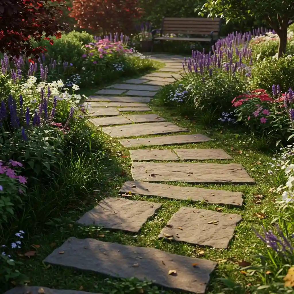 A winding, informal flagstone path creating a sense of journey in a beautiful backyard garden.
