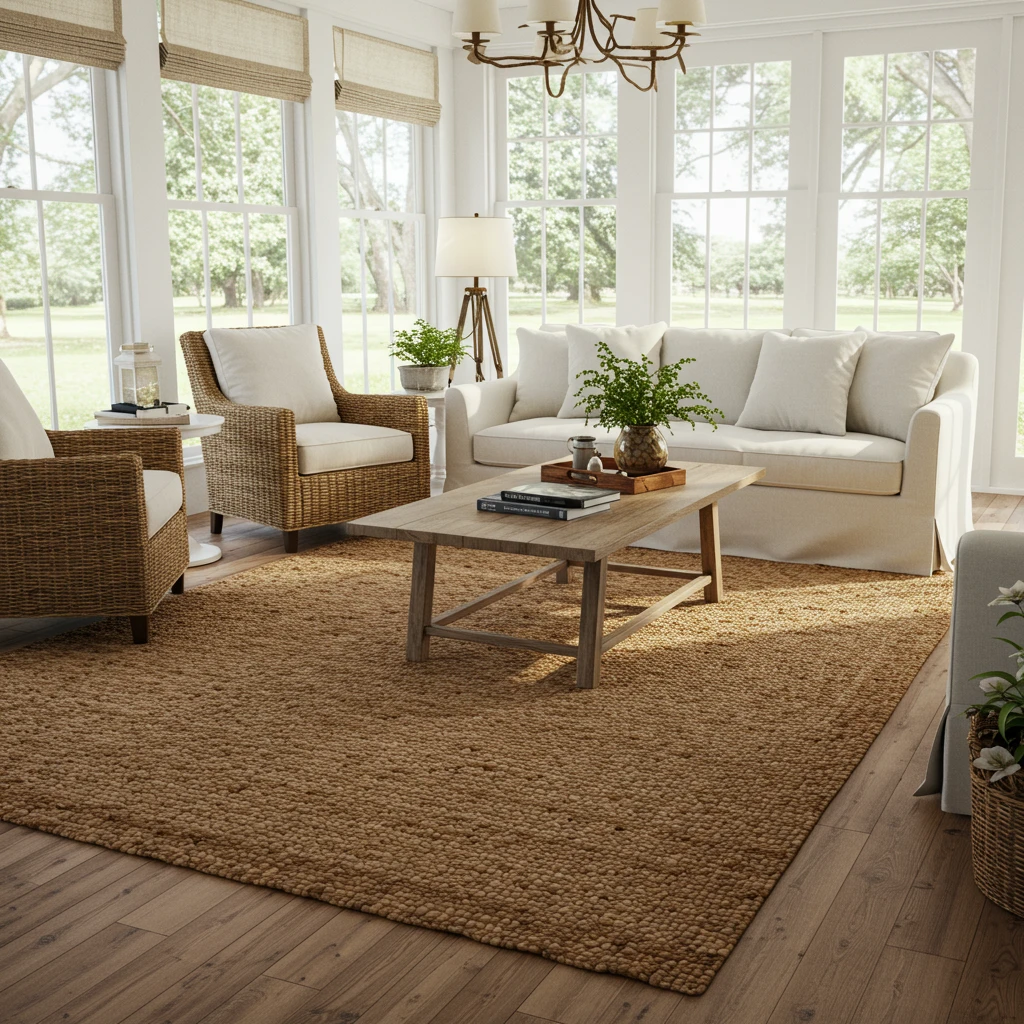 A bright sunroom with a large, natural fiber jute rug grounding the seating area.