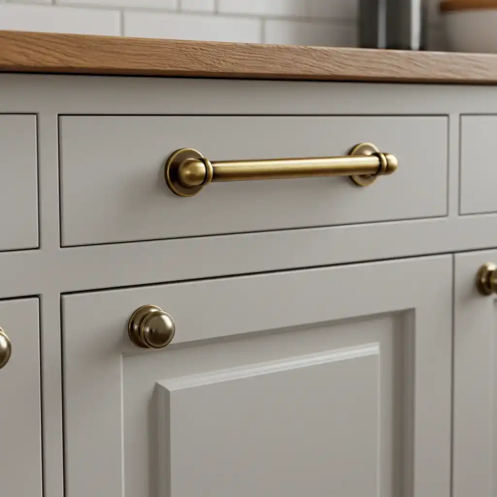 An easy home decor upgrade showing a kitchen cabinet with new, stylish, brushed brass hardware.