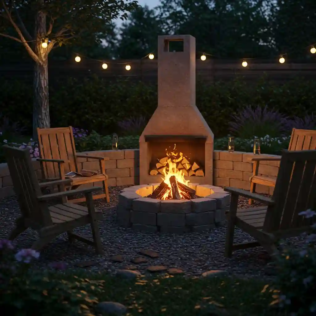 A simple and cheap DIY fire pit made from stacked concrete pavers in a backyard.
