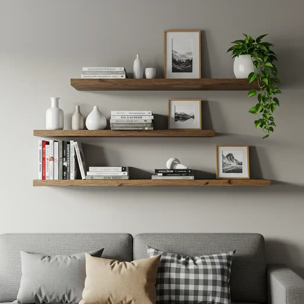 A stylish and functional arrangement of floating shelves used as wall decor above a sofa.