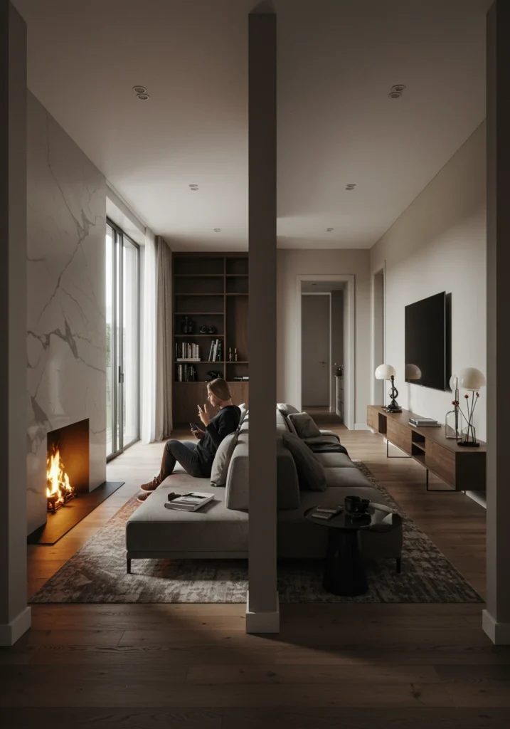 A creative layout using a backless sofa as a divider in a long, narrow living room.