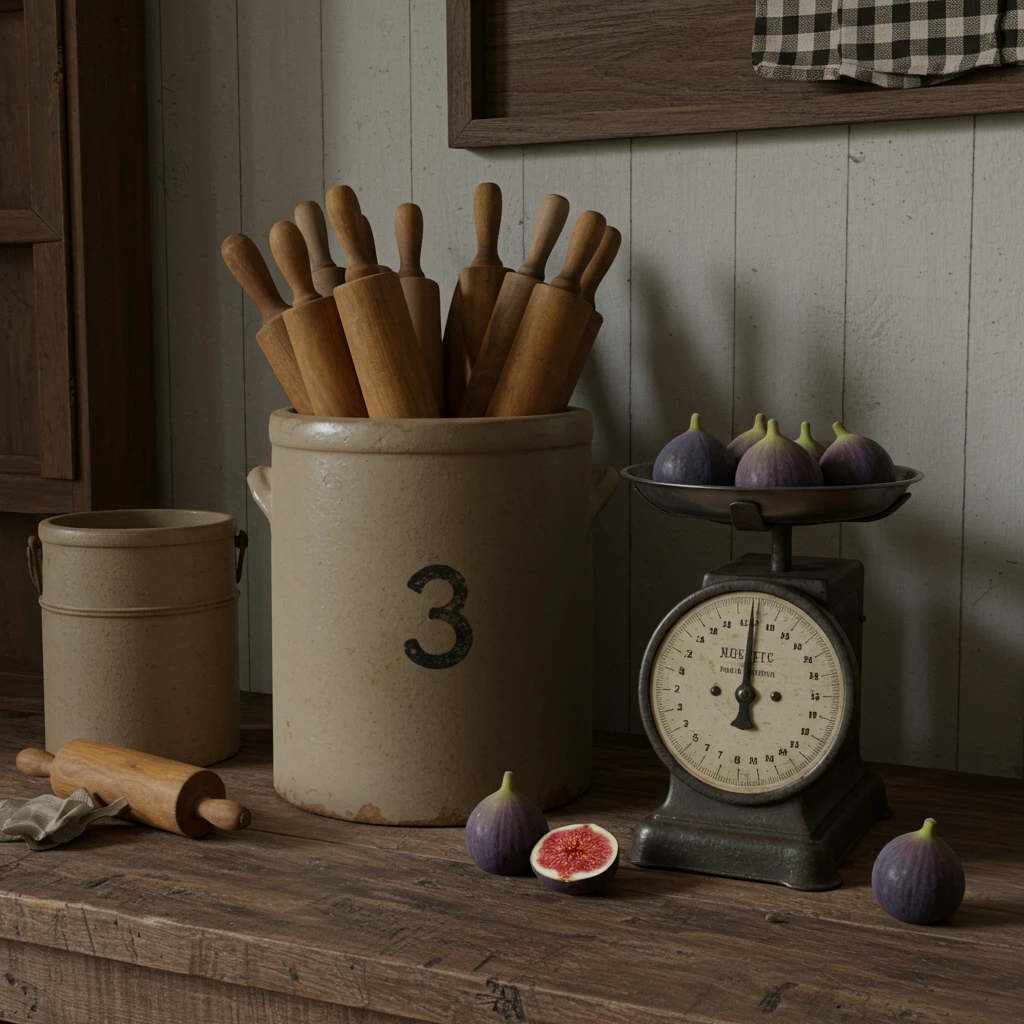 A vintage farmhouse kitchen vignette with an antique stoneware crock holding rolling pins and a vintage scale.