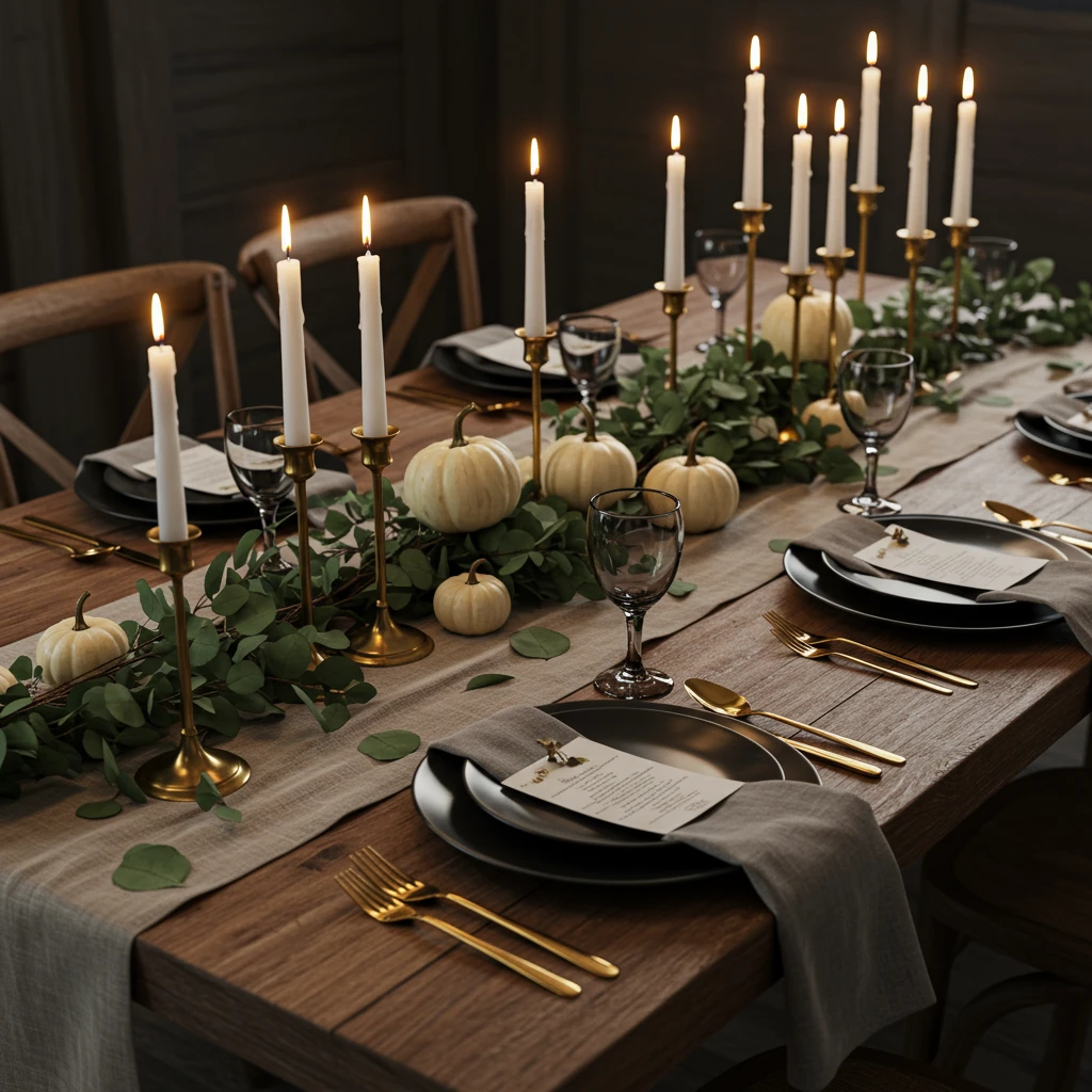 An elegant and rustic fall dining table set with a eucalyptus garland, pumpkins, and lots of candlelight.