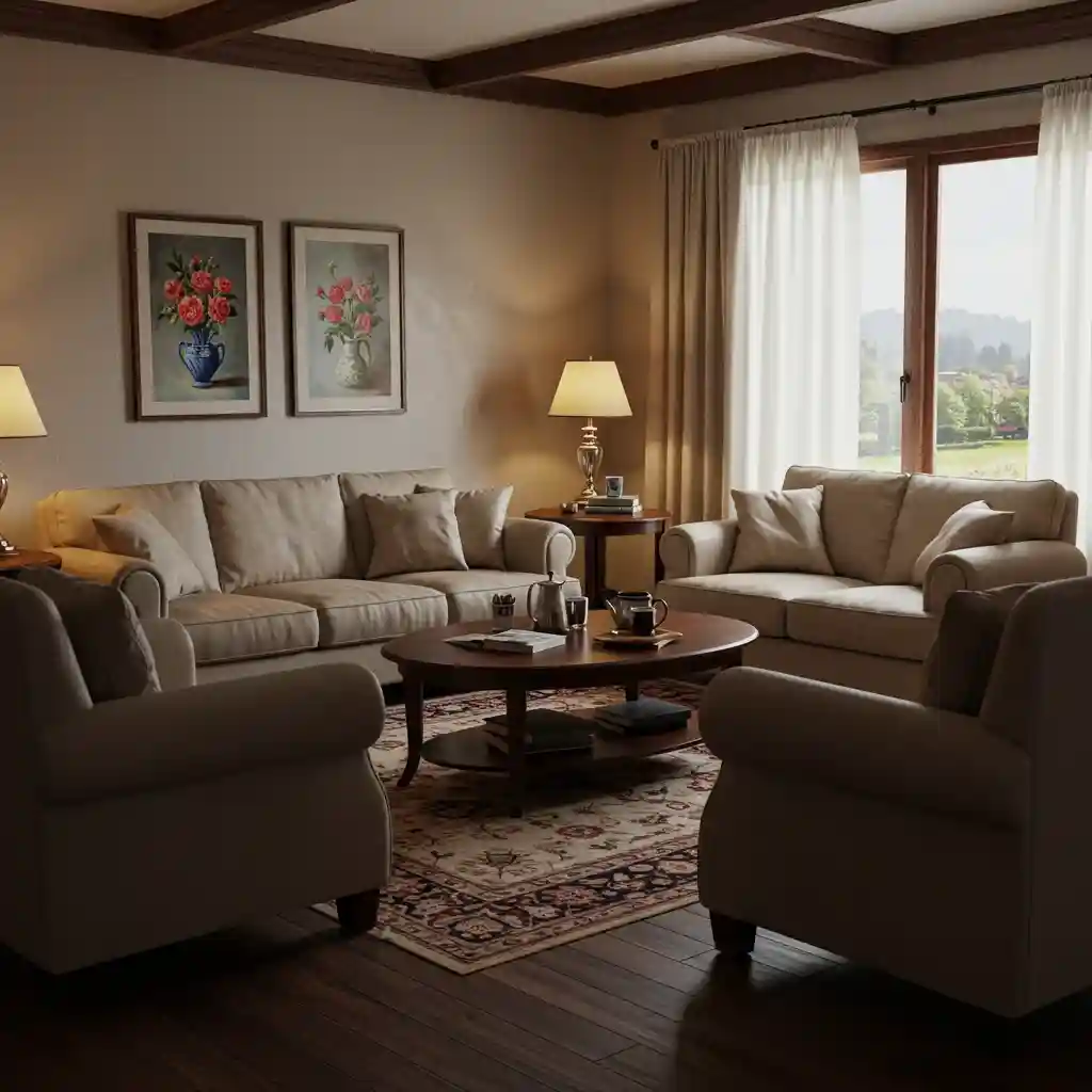 A cozy living room with furniture arranged in an intimate conversation group away from the walls.