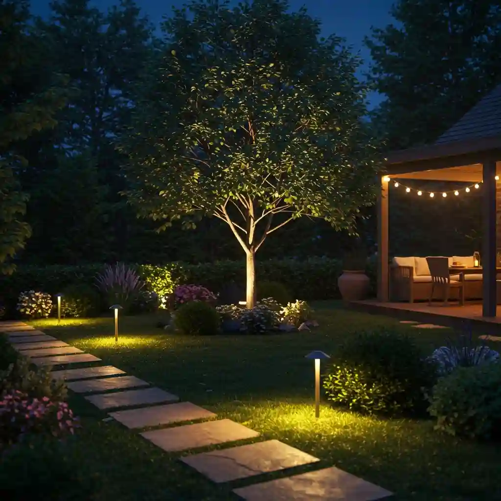 A stunning backyard at night with a layered, professional landscape lighting scheme.