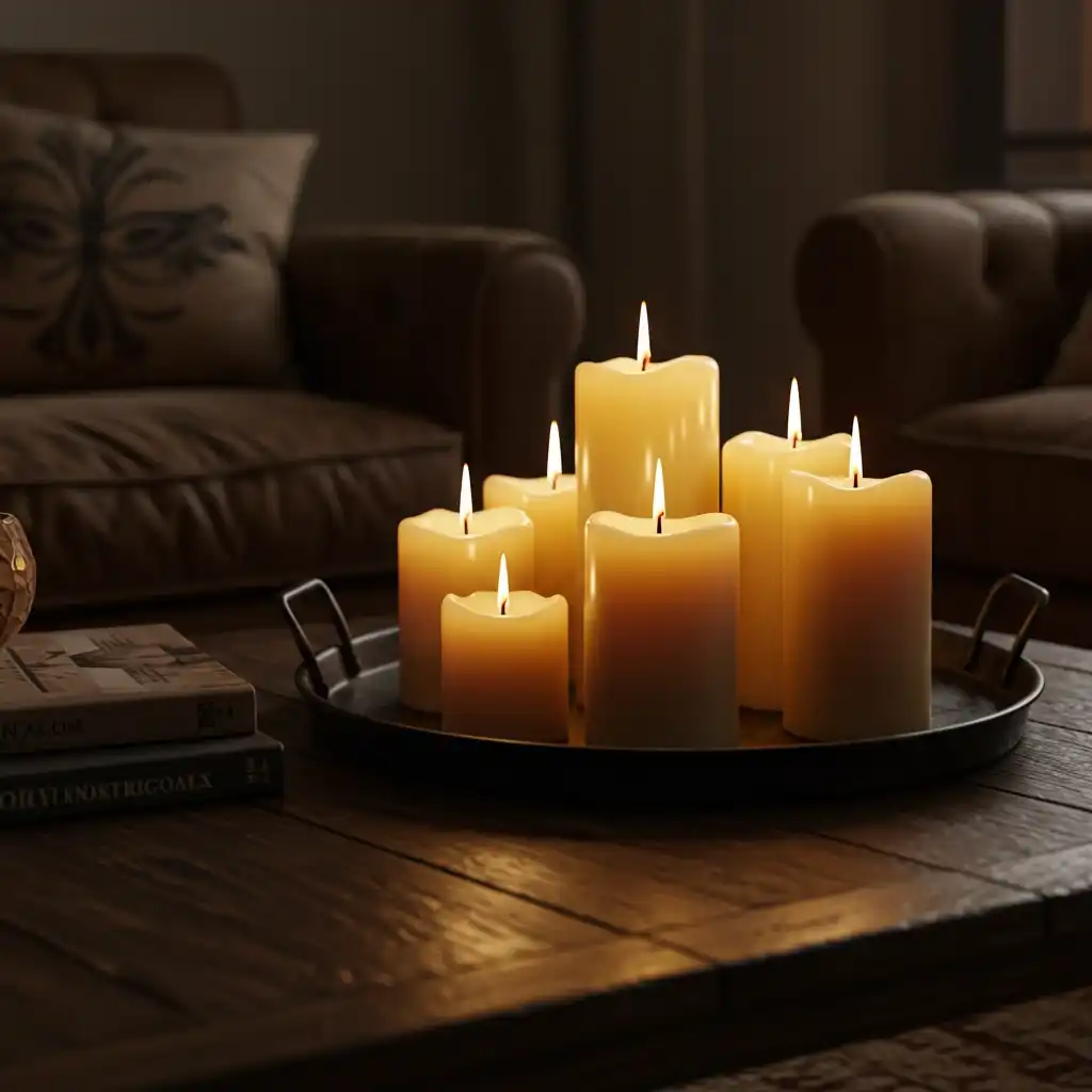 A cozy living room vignette with a group of lit, flickering pillar candles on a dark metal tray, creating a warm ambiance.