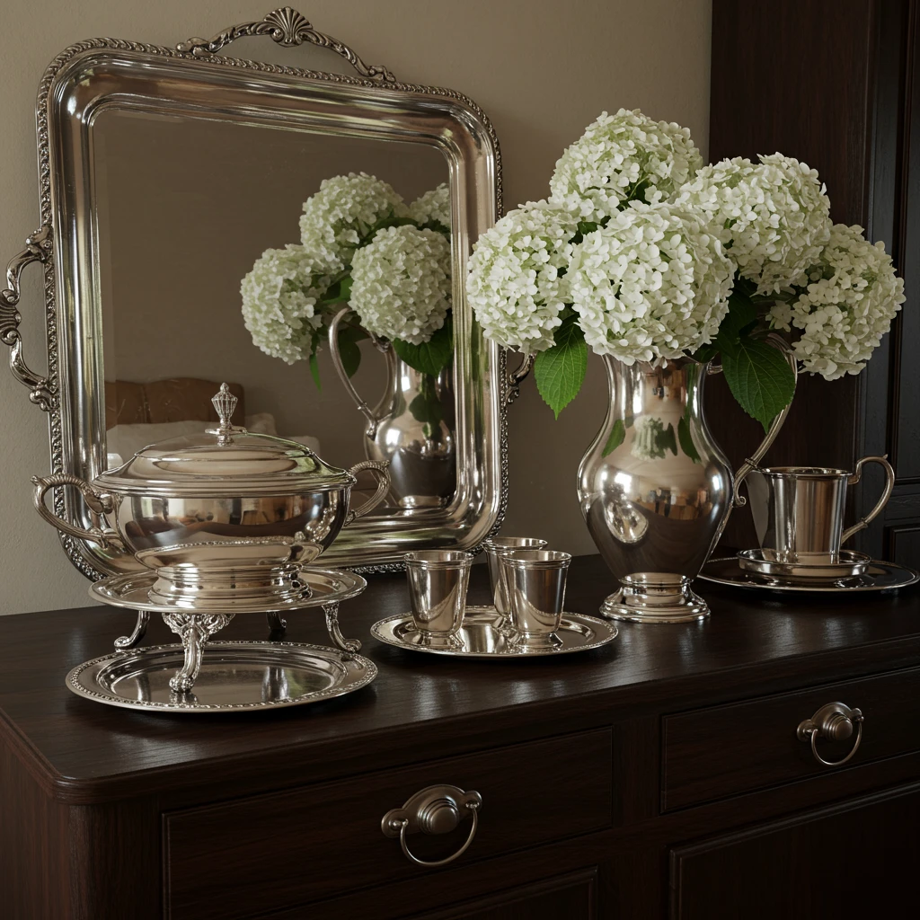 A collection of polished, heirloom silver pieces, including a tray and a pitcher, displayed on a sideboard.
