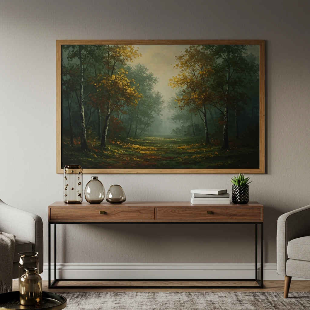 A living room wall decorated for fall with a large, moody autumn forest landscape painting in a wood frame.