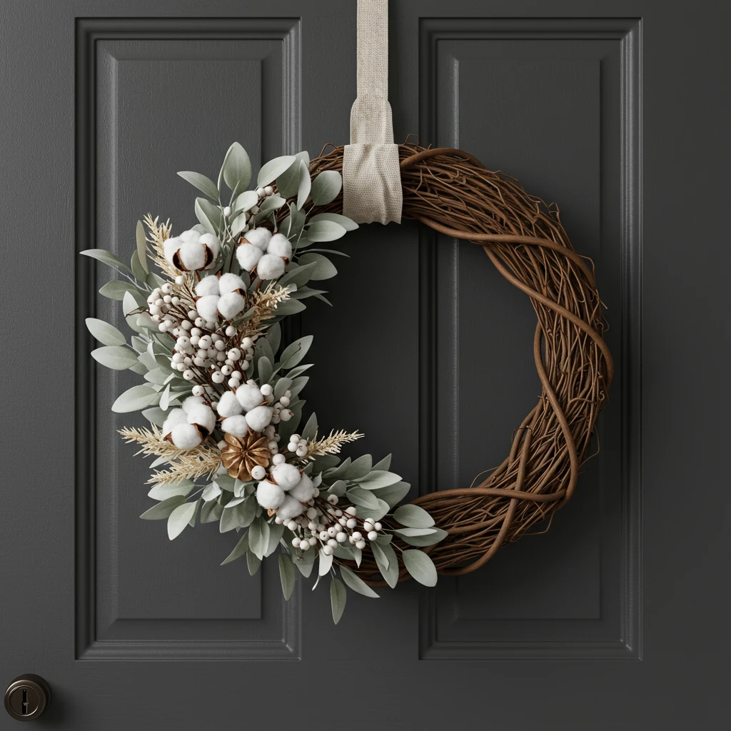 A modern farmhouse DIY fall wreath made from grapevine, eucalyptus, and cotton stems on a dark door.
