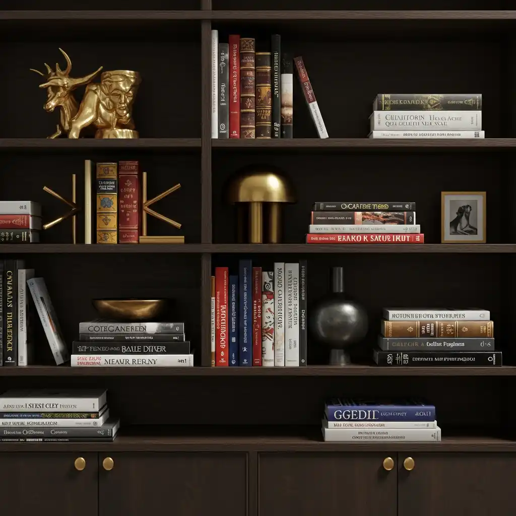 A must-have home decor item: a well-styled bookshelf with a collection of books.